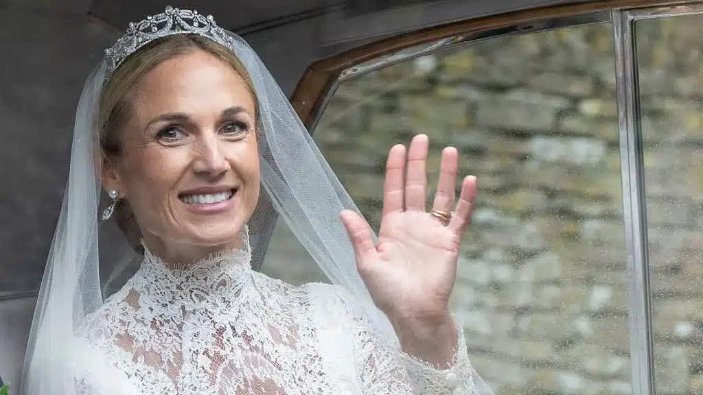 Harriet Sperling's Emilia Wickstead bridal gown — lace, column silhouette and the Pragnell tiara