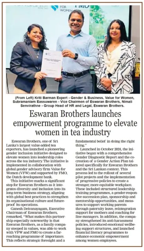 Value for Women partnership launch — Eswaran Brothers